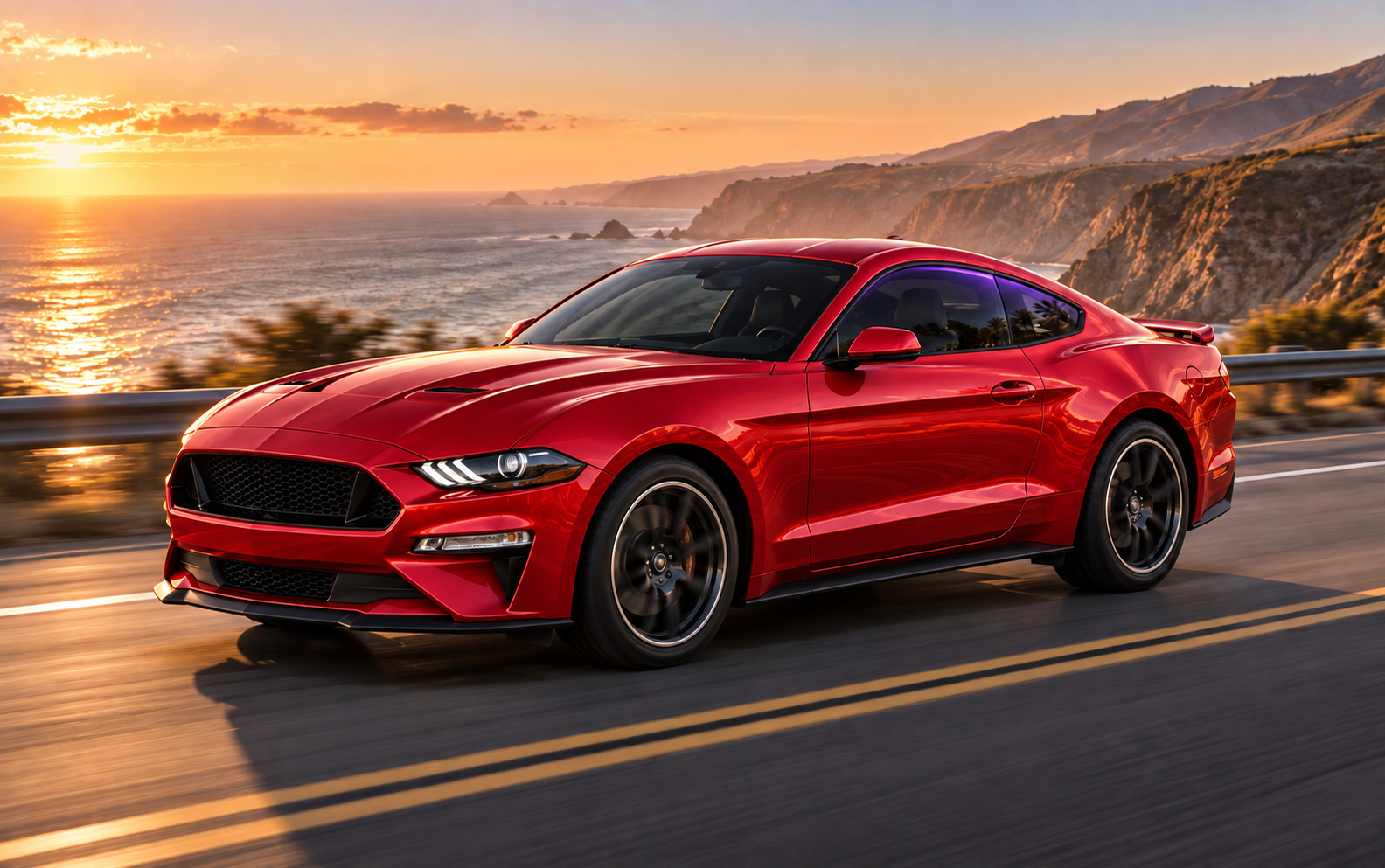 A UV99-tinted Mustang on a coastal road at sunset