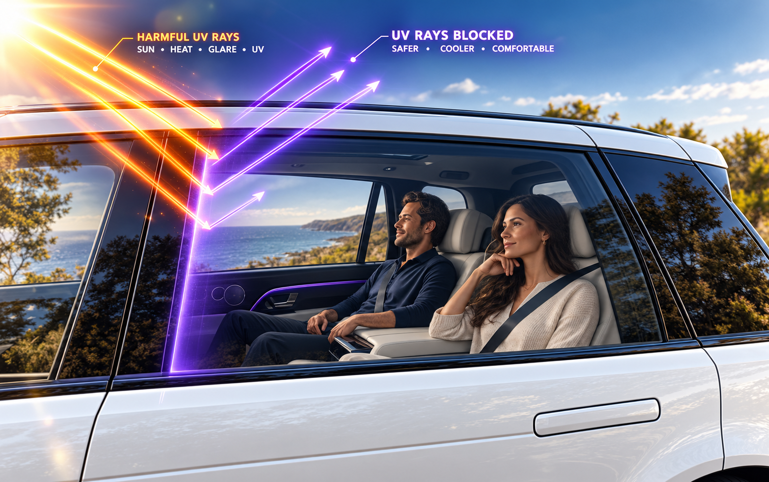 Driver behind a UV99-tinted side window as UV light is turned away